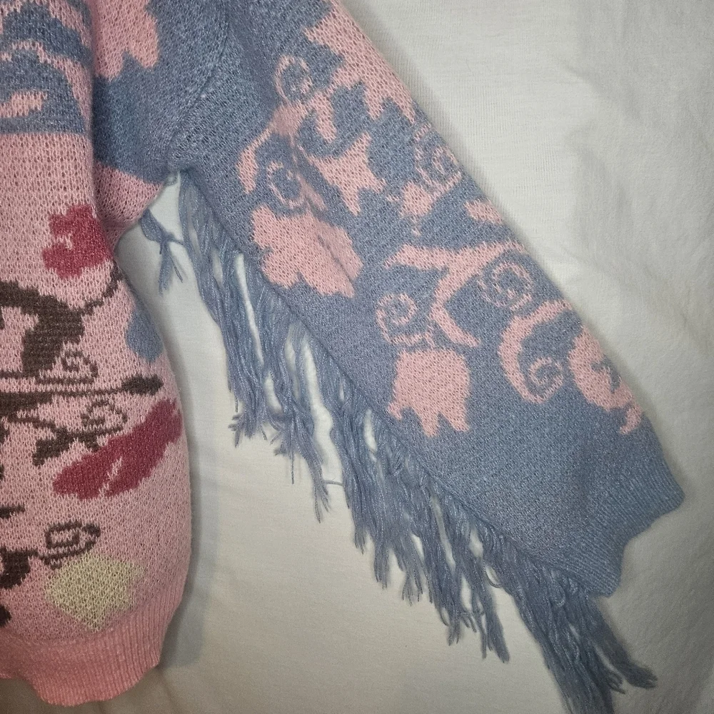 Nasty Gal Floral Fringe Knit Cardigan Pink Oversized Drop Sleeve  NWT PTP 24" - Picture 6 of 12